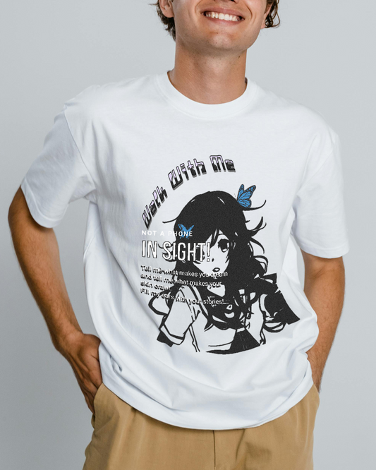 Person wearing a white t-shirt with a graphic design and text.